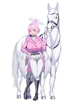 1girl alternate_breast_size_(larger) animal blue_archive boots breasts commentary english_commentary feathered_wings gloves gradient_halo hair_ornament halo highres horse jacket jockey knee_boots large_breasts linear_71 long_hair looking_at_viewer low_wings mika_(blue_archive) multicolored_hair multicolored_halo pants pink_hair riding_boots riding_outfit saddle simple_background smile solo tailcoat white_background white_horse white_pants white_wings wings