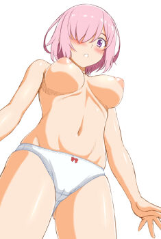 1girl :o blush bow bow_panties breasts cameltoe fate/grand_order fate_(series) female_focus from_below gluteal_fold hair_over_one_eye large_breasts looking_at_viewer looking_down mash_kyrielight navel nipples panties parted_lips pink_hair purple_eyes red_bow short_hair simple_background sin-go skindentation solo stomach tareme topless_female underwear underwear_only white_background white_panties