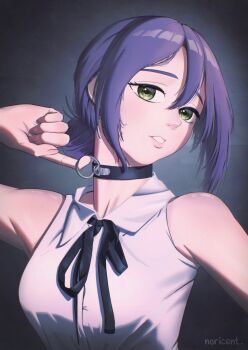 1girl absurdres black_ribbon chainsaw_man collared_shirt gradient_background green_eyes grenade_pin grey_background hair_between_eyes highres looking_at_viewer neck_ribbon nori_cent purple_hair reze_(chainsaw_man) ribbon shirt sleeveless sleeveless_shirt solo white_shirt