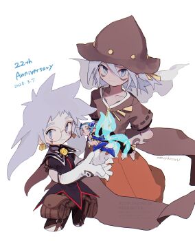 1girl 2boys absurdres ancestor_and_descendant anniversary belt_pouch black_gloves blue_eyes brown_coat brown_hat claus_f._lester closed_mouth coat commentary_request cropped_legs cupping_hands dated earrings elbow_gloves facial_mark fingerless_gloves frayne_k._lester gloves grey_hair hands_on_own_hips hat highres jewelry long_hair looking_at_viewer macaron_(tales) multiple_boys nancykittyu necklace own_hands_together pants pouch red_pants round_eyewear sailor_collar shirt simple_background smile spiked_hair tales_of_(series) tales_of_phantasia tales_of_the_world tales_of_the_world_summoner's_lineage tattoo white_background white_gloves white_sailor_collar