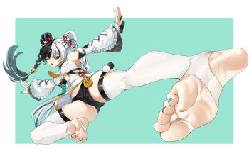 1girl ahoge aqua_nails bare_shoulders black_hair black_panties border braid braided_twintails breasts china_dress chinese_clothes clothing_aside commentary_request detached_sleeves dialyn_(zenless_zone_zero) double_bun dress earrings eiji_(eiji) feet flying_kick foot_focus full_body green_background hair_bun hair_extensions hair_ornament highres jewelry kicking long_hair medium_breasts multicolored_hair multicolored_nails nail_polish necktie no_shoes open_mouth panda_hair_ornament panties pelvic_curtain pelvic_curtain_aside red_nails ring_hair_extensions solo split-color_hair stirrup_legwear thighhighs toeless_legwear toenail_polish toenails toes underwear white_border white_dress white_hair white_thighhighs wire yellow_eyes yellow_necktie zenless_zone_zero