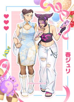 2girls alternate_costume artist_name bag boots breasts camisole candy capcom casual cellphone chinese_clothes chun-li cleavage cleavage_cutout clothing_cutout commentary cookie crepe deepseasecret denim english_commentary eyepatch fingerless_gloves food gloves hair_horns han_juri handbag heart highres holding holding_bag holding_crepe holding_food jeans multiple_girls official_alternate_costume pants phone sandals smartphone street_fighter torn_clothes torn_jeans torn_pants twitter_username