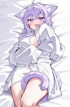 1girl :d absurdres ahoge animal_ears bed_sheet button_gap cat_ears cat_girl cat_tail collared_shirt commentary crossed_bangs deaver double-parted_bangs dress_shirt fang hair_between_eyes highres hololive looking_at_viewer lying naked_shirt navel nekomata_okayu on_back open_mouth oversized_clothes oversized_shirt partially_unbuttoned purple_eyes purple_hair shirt short_hair skin_fang sleeves_past_fingers sleeves_past_wrists smile solo tail tail_around_own_leg virtual_youtuber white_shirt