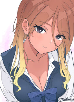 Rule 34 | 1girl, absurdres, black sweater vest, blonde hair, blue bow, blue bowtie, blush, bow, bowtie, breasts, brown hair, cleavage, collarbone, commentary request, gradient hair, highres, idolmaster, idolmaster shiny colors, izumi mei, long hair, looking at viewer, loose bowtie, medium breasts, multicolored hair, nicopieee, open collar, school uniform, shirt, signature, simple background, smile, solo, sweater vest, tan, upper body, white background, white shirt