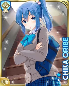 1girl bag blue_bow blue_bowtie blue_eyes blue_hair blue_skirt bow bowtie breasts brown_shoes card_(medium) cardigan character_name full_body girlfriend_(kari) grey_cardigan hair_ornament large_breasts legs loafers looking_at_viewer official_art oribe_chika plaid_clothes plaid_skirt pleated_skirt qp:flapper school_bag school_uniform shirt shoes skirt solo standing white_shirt