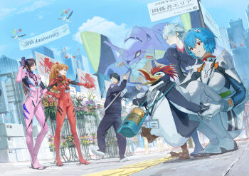 >_< 2boys 3girls absurdres ayanami_rei bag balloon beer_can bird black_bodysuit black_hair black_jacket black_pants blue_eyes blue_hair blue_hairband blue_sky bodysuit breasts brown_hair building can city closed_eyes cloud commentary_request crane_(machine) day drink_can eva_01 evangelion_(mecha) flower full_body glasses grey_hair grin hairband hand_on_own_head hand_on_own_hip highres id_card ikari_shinji interface_headset_(evangelion) jacket lanyard long_hair looking_at_animal looking_at_another makinami_mari_illustrious mass_production_eva mecha mecha_pilot_suit medium_breasts multiple_boys multiple_girls nagisa_kaworu neon_genesis_evangelion nerv open_mouth outdoors pants parted_lips penguin penpen pink_bodysuit plant plugsuit_(evangelion) pointing pointing_at_another potted_plant rebuild_of_evangelion red-framed_eyewear red_bodysuit red_eyes robot shoes short_hair shoulder_bag sign sky skyscraper smile sora-bakabon souryuu_asuka_langley squatting standing track_jacket white_bag white_bodysuit white_shoes