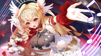 Rule 34 | 1girl, absurdres, angel steps, artist request, blonde hair, braid, breasts, butterfly ornament, detached sleeves, flower, head wings, highres, holding, holding microphone, indie virtual youtuber, large breasts, long hair, microphone, musical note, open mouth, red eyes, red flower, red rose, red sleeves, rose, see-through cleavage, see-through clothes, solo, virtual youtuber, white wings, wings