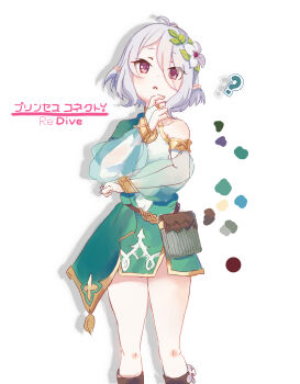 1girl ? absurdres antenna_hair commentary_request dress elf flat_chest flower grey_hair hair_flower hair_ornament highres kokkoro_(princess_connect!) looking_at_viewer niii pink_eyes pointy_ears princess_connect! short_hair solo