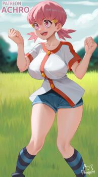 1girl achromaru breasts large_breasts nintendo pink_eyes pink_hair pokemon pokemon_hgss solo whitney_(pokemon)