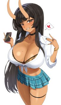 1girl absurdres animal_print bangle bby bikini bikini_under_clothes black_choker black_eyes black_hair blue_skirt bracelet breasts brown_bikini choker cleavage commission cowboy_shot crop_top dark-skinned_female dark_skin demon_horns front-tie_top grin gyaru halterneck hands_up heart highres holding holding_phone horns jewelry large_breasts leopard_print long_hair looking_at_viewer microskirt midriff miniskirt mole mole_on_breast mole_under_mouth nail_polish navel original phone plaid_clothes plaid_skirt pleated_skirt shirt short_sleeves simple_background skindentation skirt smile solo spoken_heart stomach string_bikini swimsuit thigh_strap thighs very_long_hair white_background white_shirt