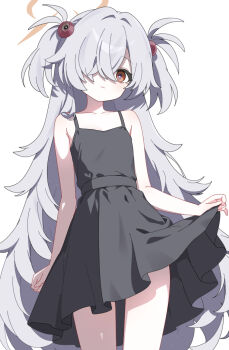 Rule 34 | 1girl, bare arms, bare legs, bare shoulders, black dress, blue archive, breasts, clothes lift, dress, flat chest, foulo paints, grey hair, hair ornament, halo, kanoe (blue archive), long hair, orange eyes, pulling own clothes, simple background, skirt, skirt lift, sleeveless, sleeveless dress, small breasts, solo, solo focus, twintails, very long hair, white background, yellow halo