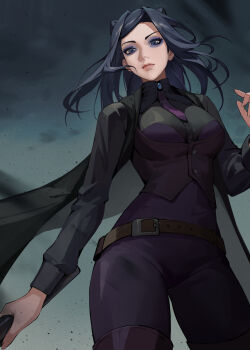 1girl belt black_coat black_vest blue_bodysuit blue_eyes blue_eyeshadow blue_gemstone blue_hair bodysuit breasts brown_belt closed_mouth coat commentary cowboy_shot ergo_proxy eyeshadow floating_clothes floating_hair gem hand_up highres holding iamc95 long_hair long_sleeves looking_at_viewer makeup medium_breasts open_clothes open_coat re-l_mayer solo standing vest