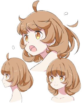 1girl antenna_hair hair_between_eyes henkei_shoujo highres looking_to_the_side multiple_views official_art open_mouth rin_(henkei_shoujo) simple_background transparent_background upper_body yellow_eyes