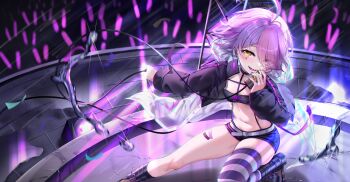 Rule 34 | 1girl, :d, ahoge, black boots, black jacket, black shorts, black tabard, black thighhighs, boots, breasts, chinese commentary, commentary request, concert, denim, denim shorts, highres, holding, holding microphone, honkai (series), honkai gakuen, jacket, microphone, multicolored hair, open clothes, open jacket, open mouth, pink hair, purple eyes, purple hair, sharp teeth, shorts, sin mal, sin mal0909, single thighhigh, small breasts, smile, solo, striped clothes, striped thighhighs, tabard, teeth, thighhighs, two-tone hair, yellow eyes