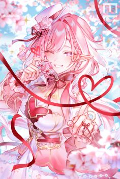 Rule 34 | 1girl, ;), blue sky, breasts, character name, cherry blossoms, cleavage, commentary, cupcake, diamond-shaped pupils, diamond (shape), dress, earrings, elf, elysia (hi love elf) (honkai impact), elysia (honkai impact), food, hat, hata (ohataa0), heart, heart earrings, highres, holding, holding food, honkai (series), honkai impact 3rd, jewelry, large breasts, long hair, looking at viewer, one eye closed, pink dress, pink hair, pointy ears, purple eyes, red ribbon, ribbon, sky, smile, solo, symbol-only commentary, symbol-shaped pupils, tilted headwear, twitter username, very long hair, white dress, white hair, white hat