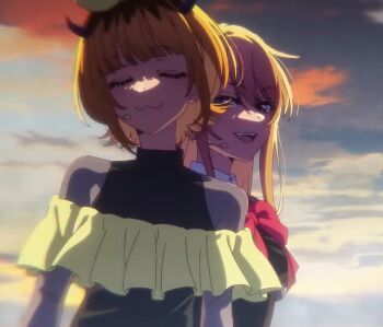 Rule 34 | 2girls, blonde hair, bow, breasts, closed eyes, closed mouth, collared shirt, dot nose, fangs, female focus, fingernails, highres, horns, hoshino ruby, idol, long fingernails, long hair, looking at viewer, medium breasts, mem-cho, microphone, multiple girls, open mouth, oshi no ko, red bow, red eyes, shirt, short hair, smile, smirk, smug, teeth, upper teeth only