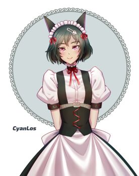 1boy absurdres arms_behind_back black_hair hair_ornament hairclip highres looking_at_viewer mayqueen_maid_uniform purple_eyes ribbon-trimmed_corset science_adventure short_hair skull_hair_ornament smile solo steins;gate trap tushantin urushibara_luka