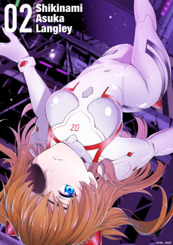 1girl ass blue_eyes bodysuit breasts brown_hair character_name curvy evangelion:_3.0+1.0_thrice_upon_a_time eyepatch float floating foreshortening frown gradient_background highres interface_headset_(evangelion) lips long_hair looking_at_viewer mecha_pilot_suit medium_breasts neon_genesis_evangelion plugsuit_(evangelion) rebuild_of_evangelion rhenium shiny_skin skin_tight solo souryuu_asuka_langley twintails white_bodysuit wide_hips