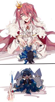 2boys absurdres androgynous ascot blood blue_eyes blue_hair brooch cape chinese_commentary commentary_request crown crying crystal_earrings earrings formal_clothes fur-trimmed_cape fur_trim gem gold_crown green_gemstone highres holding holding_knife humanization im_a_squid_kid implied_cannibalism injury jeweled_crown jewelry knife liuxingjiaotangmaqiduo long_hair long_sidelocks looking_at_another looking_down male_focus minecraft_youtube mini_person miniboy monster_boy multiple_boys necktie open_mouth pink_hair plate pointed_crown pointy_ears red_cape red_eyes red_nails scared shadow shirt short_hair sidelocks single_earring size_difference smile squid squid_boy suit technoblade tentacle_hair tentacles trap trembling very_long_hair white_ascot white_background white_shirt