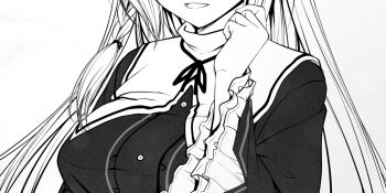 1girl breasts commentary_request dress frilled_sleeves frills grey_background greyscale haryuu_(poetto) head_out_of_frame large_breasts long_hair long_sleeves monochrome neck_ribbon nun original parted_lips ribbon simple_background smile solo upper_body wide_sleeves