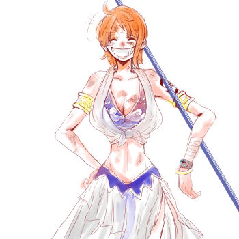 +++ 1girl aji_of_aji55 arabian_clothes armlet bangle bare_shoulders battle_damage bracelet breasts bruise bruise_on_arm bruise_on_chest bruise_on_face bruise_on_neck bruise_on_shoulder bruise_on_stomach cleavage clima-tact closed_eyes collarbone commentary_request cowboy_shot crop_top facing_viewer grin hand_on_own_hip harem_outfit injury jewelry log_pose medium_breasts nami_(one_piece) official_alternate_costume one_piece orange_hair shirt short_hair shoulder_tattoo single_sidelock skirt smile solo staff straight-on tattoo tied_shirt white_background white_skirt