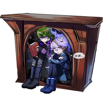 2boys azusa_1103t bandaged_chest bandaged_leg bandages belt black_footwear blue_belt blue_footwear blue_jacket blue_shorts book boots chinese_text closed_mouth coat commentary_request eyeliner fireplace full_body ghost green_hair hair_between_eyes highres holding holding_book jacket knees_up long_sleeves makeup male_focus master_detective_archives:_rain_code messy_hair multicolored_hair multiple_boys musical_note open_clothes open_coat open_mouth purple_eyeliner purple_eyes purple_hair reading shinigami_(ghost)_(rain_code) shinigami_(rain_code) short_hair shorts sitting smile speech_bubble streaked_hair symbol_in_eye thought_bubble translation_request turn_pale vivia_twilight white_background yuma_kokohead