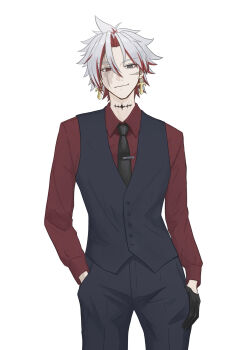 1boy 8k_u alternate_costume black_gloves black_necktie black_pants black_vest closed_mouth collared_shirt commentary_request cross cross_earrings earrings gloves grey_eyes grey_hair hand_in_pocket heterochromia highres jewelry long_sleeves looking_at_viewer male_focus necktie pants red_eyes red_hair red_shirt scar_(wuthering_waves) shirt smile solo tacet_mark_(wuthering_waves) vest wuthering_waves