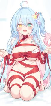 1girl :d absurdres ahoge barefoot blue_hair blush breasts collarbone commentary commission full_body gradient_hair green_eyes hair_between_eyes hair_ornament hands_up heterochromia highres hiraga_matsuri large_breasts long_hair looking_at_viewer multicolored_hair naked_ribbon navel one_side_up open_mouth original pink_hair red_ribbon ribbon simple_background sitting skeb_commission smile solo star_(symbol) star_hair_ornament two-tone_hair white_background yellow_eyes