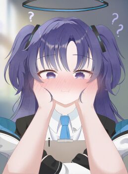 1girl ? ?? black_jacket blue_archive blue_necktie blurry blurry_background blush bomjija clipboard collared_shirt commentary_request halo hand_on_another&#039;s_face highres holding holding_clipboard jacket jacket_partially_removed looking_at_viewer mechanical_halo necktie original pen pov pov_hands purple_eyes purple_hair shirt twintails white_shirt yuuka_(blue_archive)