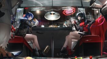 1boy 4girls absurdres animal_ears arknights black_coat black_hair black_jacket blue_eyes blue_hair booth_seating boots burger coat crossed_legs cup diner disposable_cup eating elbows_on_table emperor_(arknights) exusiai_(arknights) fast_food fek_zin food french_fries from_below from_side gloves grey_eyes grey_hair hanging_light highres holding holding_behind_back holding_burger holding_cup holding_food holding_sword holding_sword_behind_back holding_weapon holding_weapon_behind_back horns jacket lappland_(arknights) long_sleeves mostima_(arknights) multiple_girls necktie red_gloves red_shirt restaurant shirt sign sitting sleeves_past_wrists sword table texas_(arknights) texas_(willpower)_(arknights) tile_floor tiles watch weapon window window_blinds wrapper