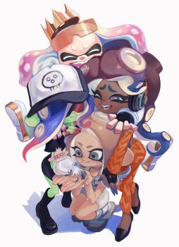 4girls agent_8_(splatoon) animal baseball_cap black_boots black_dress black_gloves black_shoes blonde_hair blue_eyes blue_hair bodysuit boots brown_hair cephalopod_eyes choker closed_eyes colored_extremities colored_skin crown dark-skinned_female dark_skin dedf1sh dress eyewear_on_head fingerless_gloves full_body furrowed_brow gloves gradient_hair green_skin grey_choker grey_eyes group_hug hands_on_another&#039;s_shoulder hat headphones highres holding holding_animal horizontal_pupils hug inkling jacket ka1_(k4k37) long_hair marina_(damp_socks_feat._off_the_hook)_(splatoon) marina_(splatoon) medium_hair mole mole_under_mouth multicolored_hair multiple_girls nintendo octoling one_eye_closed open_mouth orange-tinted_eyewear orange_jacket orange_pants pants parted_bangs pearl_(damp_socks_feat._off_the_hook)_(splatoon) pearl_(splatoon) pearl_drone_(splatoon) pink_hair pink_pupils purple_hair red-tinted_eyewear red_hair sanitized_(splatoon) shoes sleeveless sleeveless_bodysuit smile smollusk_(splatoon) socks splatoon_(series) splatoon_3 splatoon_3:_side_order squatting standing sunglasses tentacle_hair tinted_eyewear white_background white_bodysuit white_boots white_socks