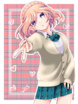 1girl absurdres blue_bow blue_bowtie blue_skirt border bow bowtie braid breasts buttons cardigan collared_shirt commentary_request cowboy_shot crown_braid gyaru gyaru_v hair_between_eyes heart highres inazuma_eleven_(series) inazuma_eleven_go inazuma_eleven_go_chrono_stone long_sleeves looking_at_viewer loose_bowtie medium_breasts medium_hair nike_(inazuma_eleven) open_mouth orange_hair outline outside_border plaid_background plaid_bow plaid_bowtie plaid_clothes plaid_skirt purple_eyes rikura_(likulalikula) school_uniform shirt sidelocks signature skirt sleeves_past_wrists solo v white_border white_outline white_shirt