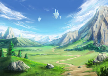 blue_sky cloud commentary_request day fantasy floating_city floating_island highres landscape meadow mountain nature no_humans original outdoors path road rock same1029 scenery sky tree