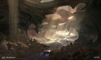 ben_lo concept_art highres hole light_rays mass_effect_(series) mountainous_horizon mushroom no_humans painterly road scar scenery science_fiction