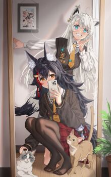 2girls animal_ears artist_self-reference barefoot black_hair black_pantyhose blue_eyes cat cellphone clenched_teeth closed_mouth commentary_request feet fox_ears fox_girl fox_tail full_body gotointhepark highres holding holding_phone hololive japanese_clothes long_hair long_sleeves looking_at_viewer miko multiple_girls ookami_mio ookami_mio_(10th_costume) oozora_subaru orange_eyes pantyhose phone red_skirt sakura_miko school_uniform shirakami_fubuki shirakami_fubuki_(11th_costume) skirt smartphone smile squatting standing sweater tail teeth toes toes_visible_through_clothing virtual_youtuber white_hair wolf_ears wolf_girl wolf_tail wooden_floor