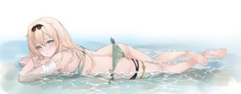 Rule 34 | 1girl, absurdres, ass, bandaged arm, bandages, barefoot, bikini, blonde hair, blue eyes, breasts, butt crack, commentary request, feet, green bikini, hair down, highres, hololive, kazama iroha, long hair, looking at viewer, looking to the side, lying, nekoi (nekoi 0116), parted lips, partially submerged, smile, soles, solo, swimsuit, thigh strap, virtual youtuber