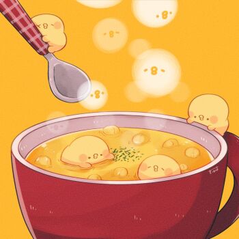 commentary_request cup food kimipiyo_(tenmiyakiyo) mug no_humans original soup spoon steaming_cup tenmiyakiyo yellow_background