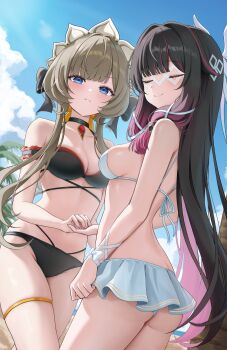Rule 34 | 2girls, absurdres, alternate costume, ass, beach, bikini, bikini skirt, black bikini, black bow, black hair, blue bikini, blue eyes, blush, bow, breasts, brown hair, closed eyes, colored inner hair, columbina (genshin impact), commentary, eye mask, gem, genshin impact, gradient hair, hair bow, hair ornament, head wings, highres, hini ni, holding hands, long hair, long sidelocks, looking at viewer, mask, medium breasts, multi-strapped bikini bottom, multicolored hair, multiple girls, multiple wings, outdoors, palm tree, pout, purple hair, purple streaks, red gem, sandrone (genshin impact), see-through clothes, see-through mask, short hair with long locks, sidelocks, skindentation, smile, swimsuit, thigh strap, tree, two-tone hair, untranslatable commentary, very long hair, white bow, white headdress, white mask, white wings, wing hair ornament, wings, yellow bow