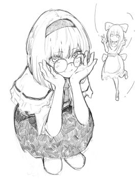 adjusting_eyewear alice_margatroid apron bespectacled bow capelet double_v dress elbows_on_knees glasses greyscale hair_bow hairband highres looking_at_viewer looking_up monochrome round_eyewear sashimi_oniku shanghai_doll short_sleeves smile squatting touhou v waist_apron