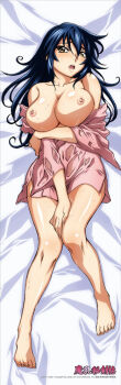 1girl bare_shoulders barefoot blue_hair breasts dakimakura_(medium) full_body large_breasts long_hair looking_at_viewer lying manyuu_chifusa manyuu_hikenchou nipples on_back solo sweat tagme thighs wet wet_clothes yellow_eyes
