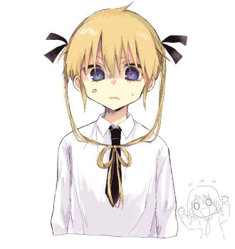 +++ 2girls ahoge anger_vein angry arms_at_sides arms_up bags_under_eyes black_ribbon blonde_hair blue_eyes bow-shaped_hair chibi chibi_inset collared_shirt commentary cropped_torso english_commentary frown gloom_(expression) hair_ribbon hanabi_(yuruneko0624) highres kill_me_baby laughing long_hair long_sleeves multiple_girls o_o open_mouth oribe_yasuna prank ribbon shaded_face shirt sidelocks simple_background smile solo_focus sonya_(kill_me_baby) straight-on sweatdrop twintails v-shaped_eyebrows white_background white_shirt