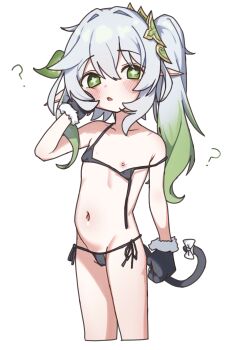 1girl ? absurdres bikini black_bikini black_gloves blush cropped_legs cross-shaped_pupils flat_chest genshin_impact gloves green_eyes green_hair grey_hair hair_between_eyes hair_ornament highres leaf_hair_ornament loli long_hair looking_at_viewer nahida_(genshin_impact) navel nipples open_mouth pointy_ears side-tie_bikini_bottom side_ponytail simple_background solo stomach swimsuit symbol-shaped_pupils tail untied_bikini_top white_background yungun_(dbsrjsdn0330)