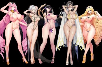 5girls absurdly_long_hair areola_slip arm_up armpits arms_up audrey_dreamweaver bare_arms bare_hips bare_legs bare_shoulders big_hair bikini black_background black_feathers black_hair blonde_hair blue_eyes blush breast_press breasts brown_hair character_name charlotte_(last_origin) closed_umbrella collar curly_hair curvy deconstructor_azaz drill_hair earrings eyewear_on_head feather_hair_ornament feather_trim feathered_wings feathers full_body game_cg gem gold_bikini green_eyes groin hair_ornament high_heels highleg highleg_bikini highres huge_breasts jewelry last_origin leg_tattoo legs legs_together long_hair long_legs looking_at_viewer metal_collar micro_bikini midriff mole mole_under_mouth multi-strapped_bikini multiple_girls name_tag navel navel_piercing necklace nipples official_art one-piece_swimsuit open_mouth piercing pink_hair ponytail purple_eyes revealing_clothes saraqael_(last_origin) see-through_clothes see-through_sleeves serapias_alice shiny_skin simple_background skindentation smile snowball22 standing stomach string_bikini sunglasses sweat swimsuit tachi-e taesi tattoo thick_thighs thighs tiara transparent_background umbrella venus_bikini very_long_hair white_hair wide_hips wings