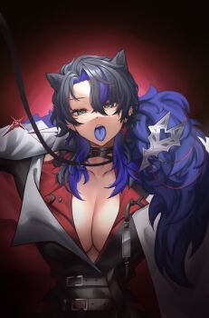 1girl absurdres algorhythm_project animal_ears black_choker black_hair black_shirt blue_hair blue_tongue breasts choker colored_tongue dog_ears dog_girl earrings fur_trim green_eyes highres jewelry latta_(algorhythm_project) medium_breasts multicolored_hair open_clothes open_mouth open_shirt shirt solo streaked_hair tongue tongue_out two-tone_hair umamii virtual_youtuber