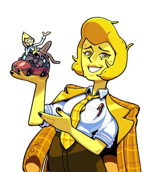 2girls alternate_costume blonde_hair car chest_jewel colored_skin diamond-shaped_pupils diamond_(shape) discount-supervillain gem gem_(steven_universe) giant giantess grin high-waist_pants lips looking_at_viewer motor_vehicle multiple_girls necktie pants shirt short_hair simple_background smile steven_universe sweat symbol-shaped_pupils tomboy white_shirt yellow_diamond_(steven_universe) yellow_eyes yellow_necktie yellow_pearl_(steven_universe) yellow_skin