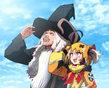 1boy 1girl :d absurdres animal_ear_hood beard_stubble black_hat brown_hair commentary ddolbang facial_hair fake_animal_ears fake_beard fake_facial_hair gigi_murin gigi_murin_(1st_costume) hair_through_hood hat highres hololive hololive_english hood hoodie long_hair multicolored_hair old old_man open_mouth orange_hood orange_hoodie outdoors pink_eyes sharp_teeth sky smile stubble teeth two-tone_hair virtual_youtuber white_hair wizard wizard_hat wizard_oji-chan