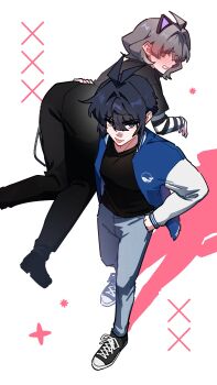 1boy 1girl absurdres ahoge animal_ear_hairband animal_ears antenna_hair ass black_pants black_shirt black_shoes blue_eyes blue_hair blue_jacket blush carrying carrying_person cat_ear_hairband cat_ears commentary dreamycakesss english_commentary fake_animal_ears from_above grey_hair grey_pants hair_between_eyes hairband hand_in_pocket hetero highres jacket long_sleeves looking_at_viewer open_clothes open_jacket open_mouth original pants purple_eyes shirt shoes short_hair tongue tongue_out walking