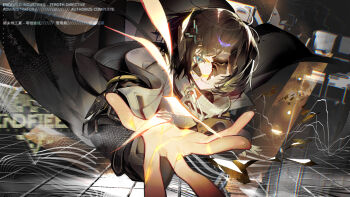 1girl arknights arknights:_endfield black_coat black_hair blue_eyes coat commentary_request endministrator_(arknights) female_endministrator_(arknights) hair_ornament hairpin highres kouhiipan logo mask one_eye_covered open_clothes open_coat short_hair smile solo sweater tagme