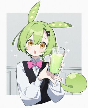 1girl :o animal_ears artist_name black_vest blush bow bowtie commentary_request corn_kuten cropped_torso cup dot_nose double-parted_bangs drink drinking_glass edamame green_hair grey_background hair_between_eyes hair_ornament hairclip holding holding_cup long_hair long_sleeves looking_at_viewer open_mouth parallel_hairclips pink_bow pink_bowtie shirt solo sparkle twitter_username vest voicevox watermark white_shirt yellow_eyes zundamon
