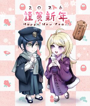 1boy 1girl 2026 :d absurdres ahoge akamatsu_kaede black_hat blush brown_eyes commentary_request danganronpa_(series) danganronpa_v3:_killing_harmony fortissimo grey_scarf hair_between_eyes hair_ornament happy_new_year hat highres holding japanese_clothes kimono long_sleeves moon_(moon0771110) musical_note musical_note_hair_ornament new_year open_mouth pink_eyes pink_kimono saihara_shuichi sandals scarf short_hair smile striped_clothes striped_kimono teeth translation_request upper_teeth_only